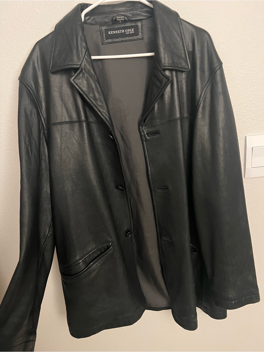 Kenneth Cole New York Genuine Leather Y2K Black Blazer Jacket L Vintage